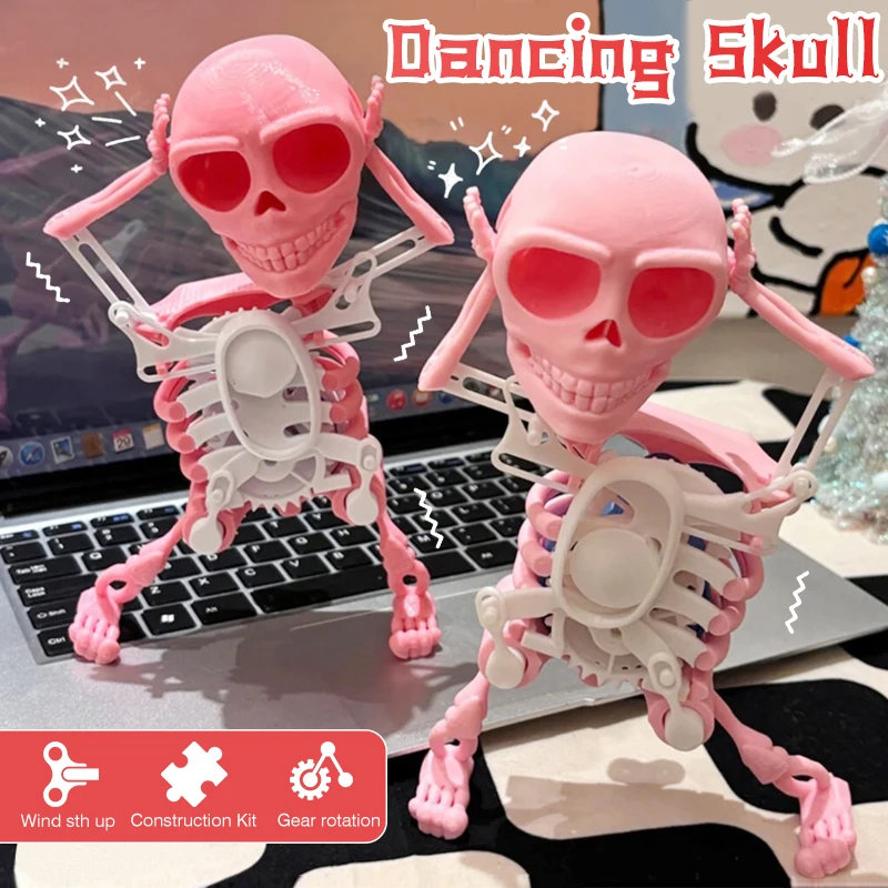 

E9 3d Printing Pink Skull Skeleton Shaking Head Dancing Sand Carving Gears Spring Up Toys Desktop Decorations Children Gifts Toy