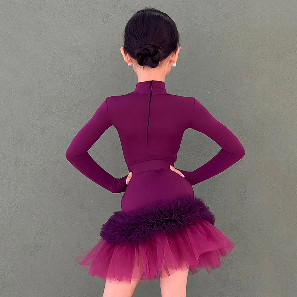 Kids Girls Latin Dance Long Sleeve Bodysuit Fold Ruffles Skirt Children Ballroom Rumba Dancewear Training Performance Costumes