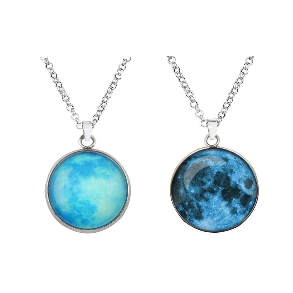 Vintage Long Moon Glow In The Dark Necklace Glow Moon Necklace For Women Jewelry Cabochons lunar Pendant Fluorescence Light