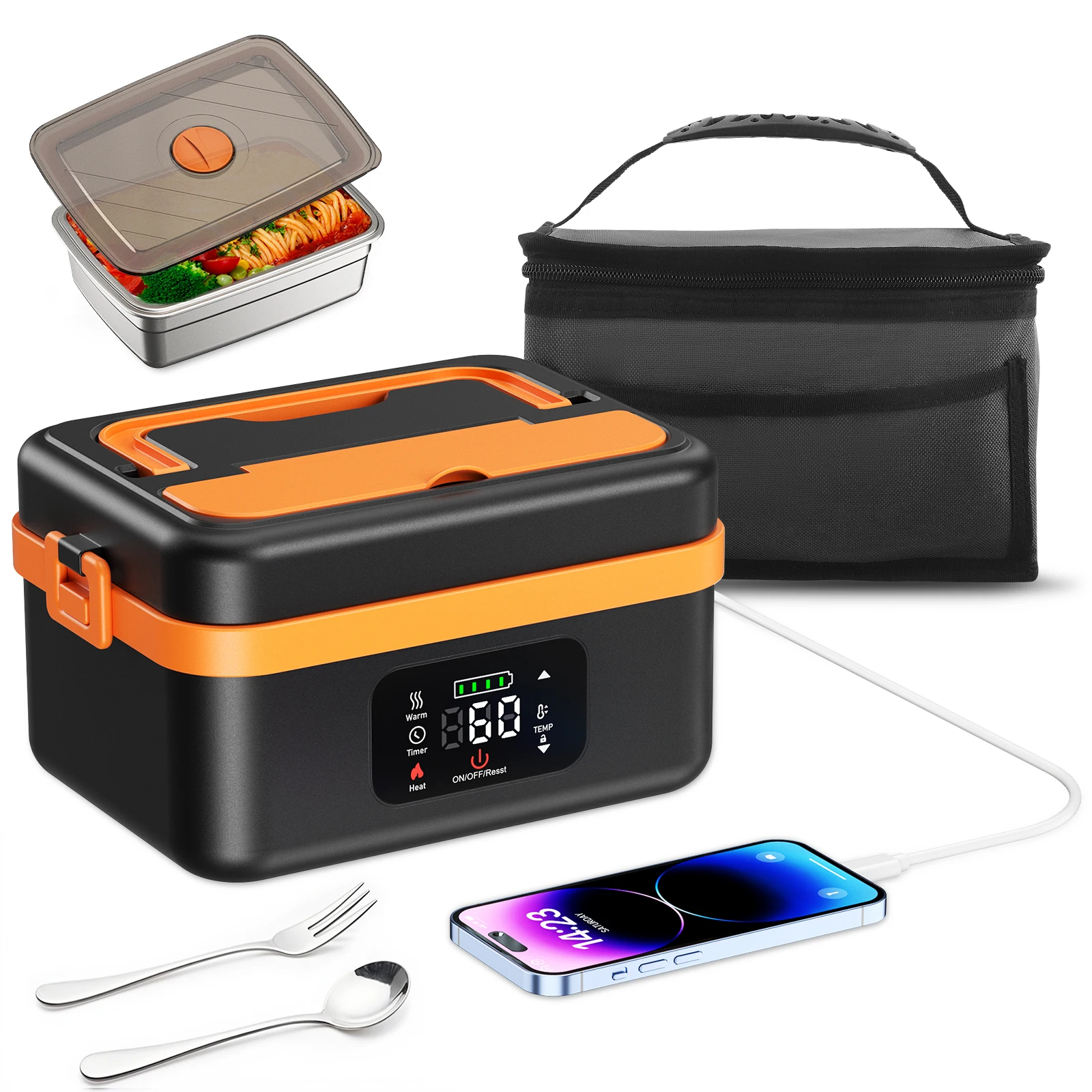 Cordless Electric Lunch Box, 1L Battery Powered Heated Lunch Box for Adult Portable Stainless Steel Food Warmer with Tableware