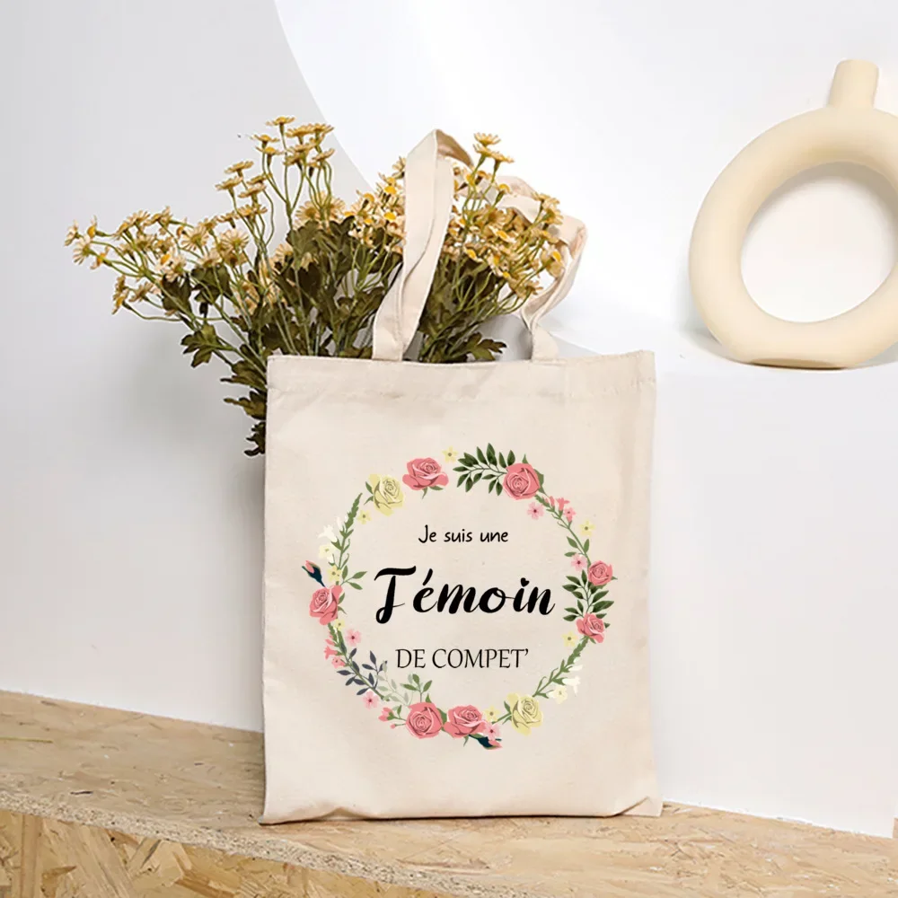 French Temoin Flower Printed Shoulder Bag Witness Tote Bags Female Neceser Canvas Eco Handbag Bride Wedding Gifts for Witness