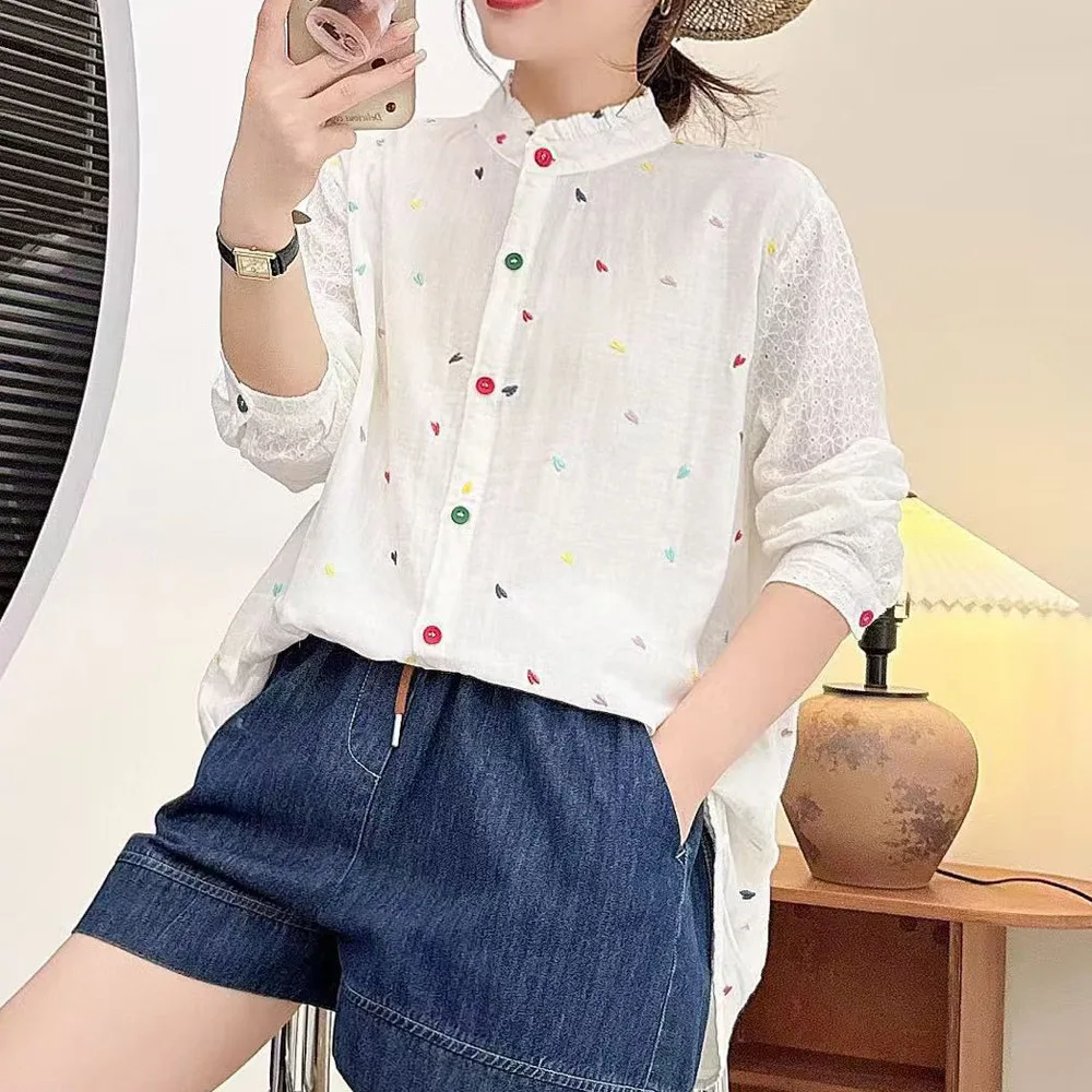 

[Готовый запас] Высококачественная женская блузка из 100% хлопчатобумажной пряжи, рубашка с вышивкой, двухслойная детская рубашка с кружевным воротником