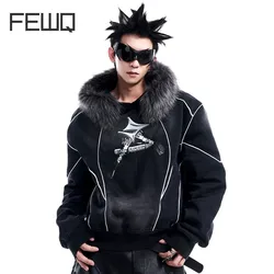 FEWQ Autumn Winter Washed Vintage Fur Collar Hooded Sweatshirt 2024 Streetwear Long Sleeve Tie Dye Color Tops 24E2713