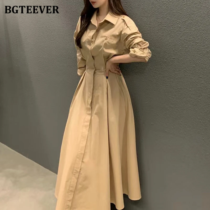 BGTEEVER Spring Vintage Lapel Long Sleeve Female A-line Dress Stylish Elastic Waist Single-breasted Midi Dress for Women