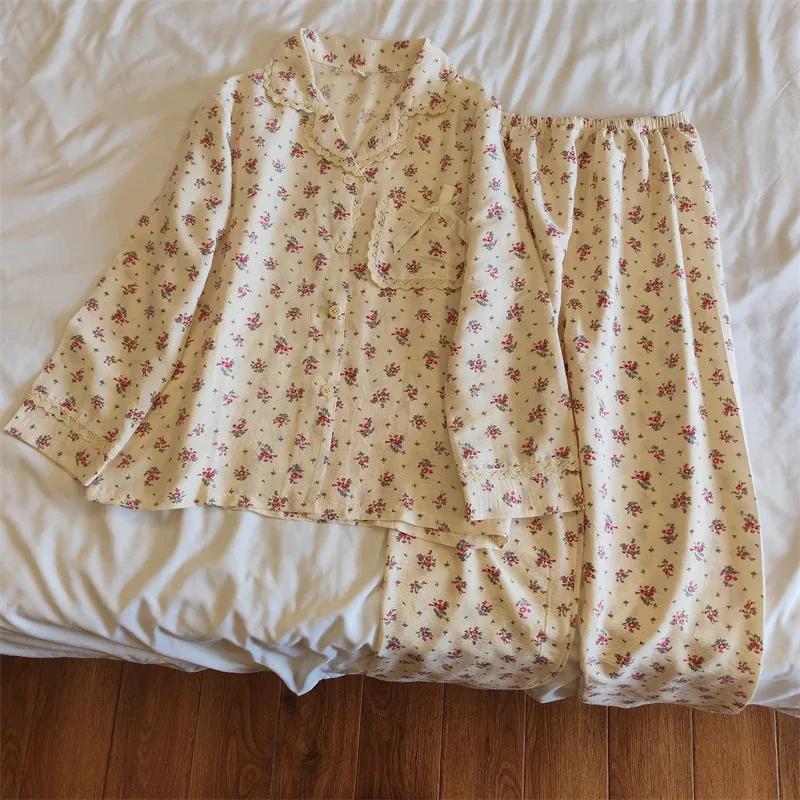 Pajama Sets Turn-down Collar Long Sleeve Women Autumn Sprin Floral Printed Thin Kawaii Trendy Womens 2pcs Kimono Pyjamas Elegant