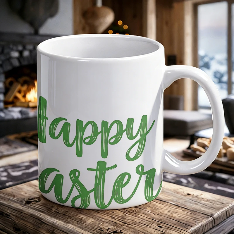 

1PCS "Happy Easter" Green Script Ceramic Mug, Coffee Cup, Milk Cup, Office Tea Cup, Drinking Cup,Fade-Resistant,Gift for Friends