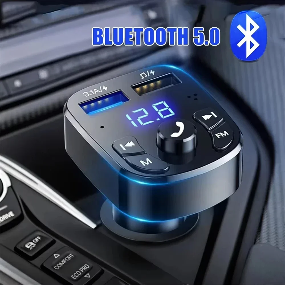 Handfree Car MP3 Player, FM Transmitter, Wireless Bluetooth 5.0, Noise Reduction Audio Receiver, Car Kit, Dual USB, Fast Charger
