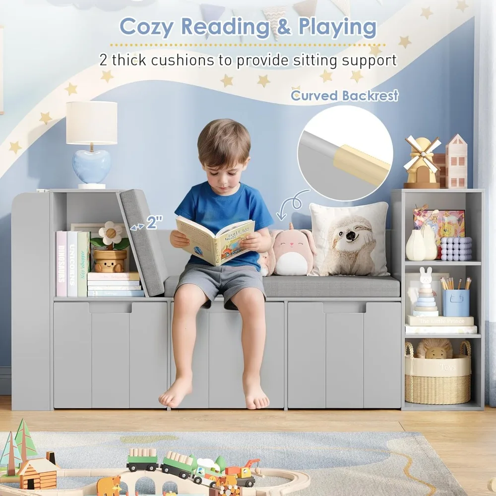 61.5 زاوية قراءة للأطفال مع رف كتب مكون من 3 طبقات، زاوية قراءة للأطفال مع مقعد مزدوج وأدراج دوارة، ورف كتب وشارع ألعاب