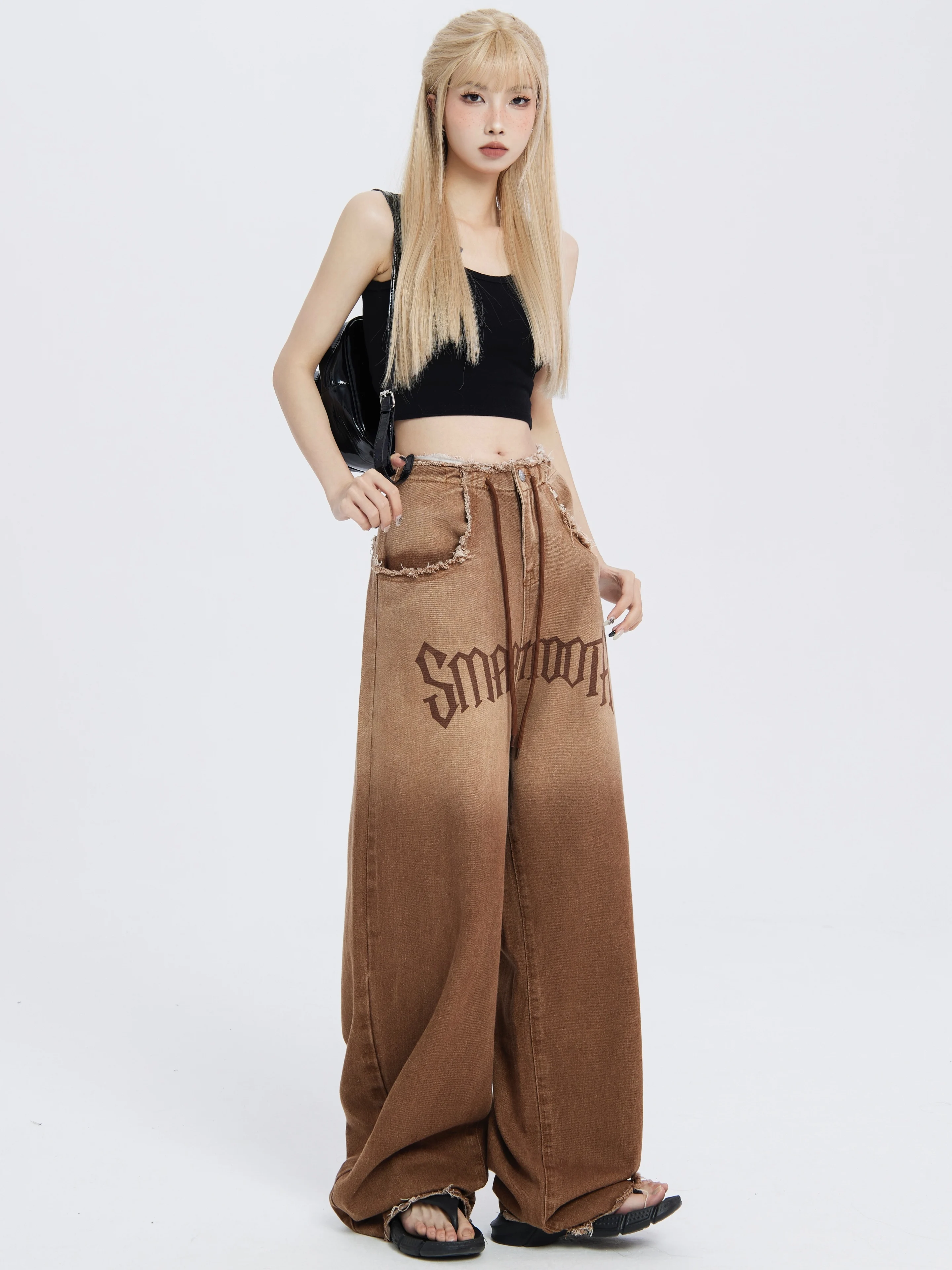 

Women's Brown High Waist Jeans Vintage Korean Fashion 2000s Y2k Streetwear Cowboy Pants Harajuku Wide Leg Denim Trousers Clothes