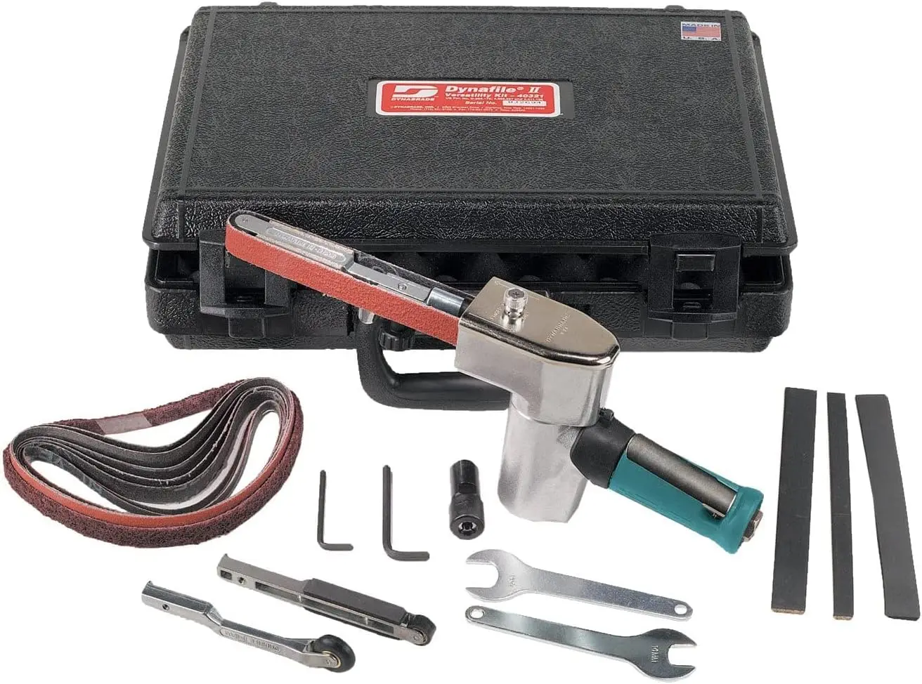 

(40321) Dynafile II Abrasive Belt Tool Versatility Kit | 0.5 hp 20,000 RPM Pneumatic Motor, 7 Degree Offset | For 1/4"-3/4" (6-19 mm) Wide x 18" (457 mm) Long Belts