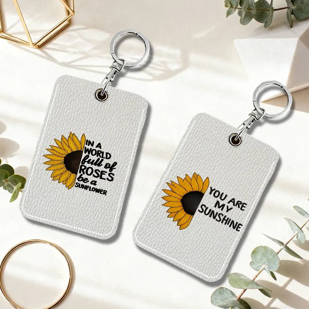 Sunflower And Inspirational Quote Keychain Card Holder, Badge Credit Card Holder, Student ID Card Holder, Portable PU Leather