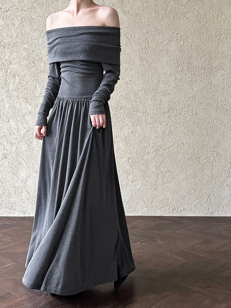 

Women Khaki Gray Pleated Brief Elegant Long Dress New Slash Neck Long Sleeve Fashion Tide Spring Autumn