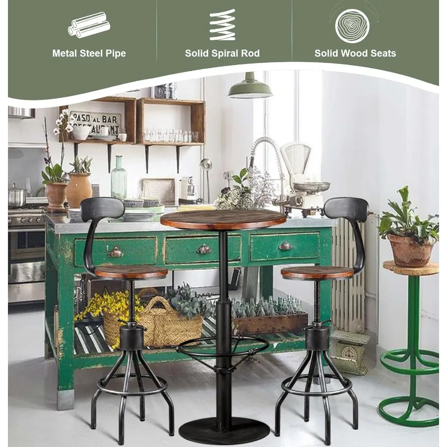 Conjunto de 2 bancos de bar rústicos industriais com altura ajustável de 24 a 30 polegadas, base giratória de metal e balcão superior de madeira e