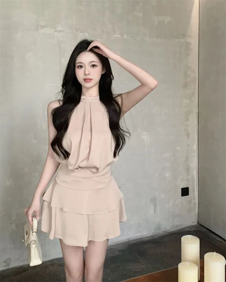 Two Piece Set Women Y2k Crop Tank Tops Loose Solid Fashion Camis Sleeveless Blouse High Waist Skirts Elegant Suits Ladies Korean