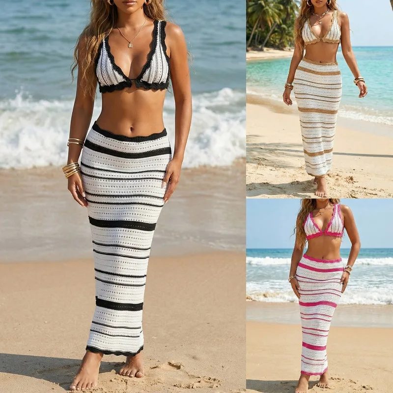 

Женский полосатый комплект из двух предметов: топ-бикини с V-образным вырезом и макси-юбка, пляжная накидка, купальник для летнего отдыха на пляже