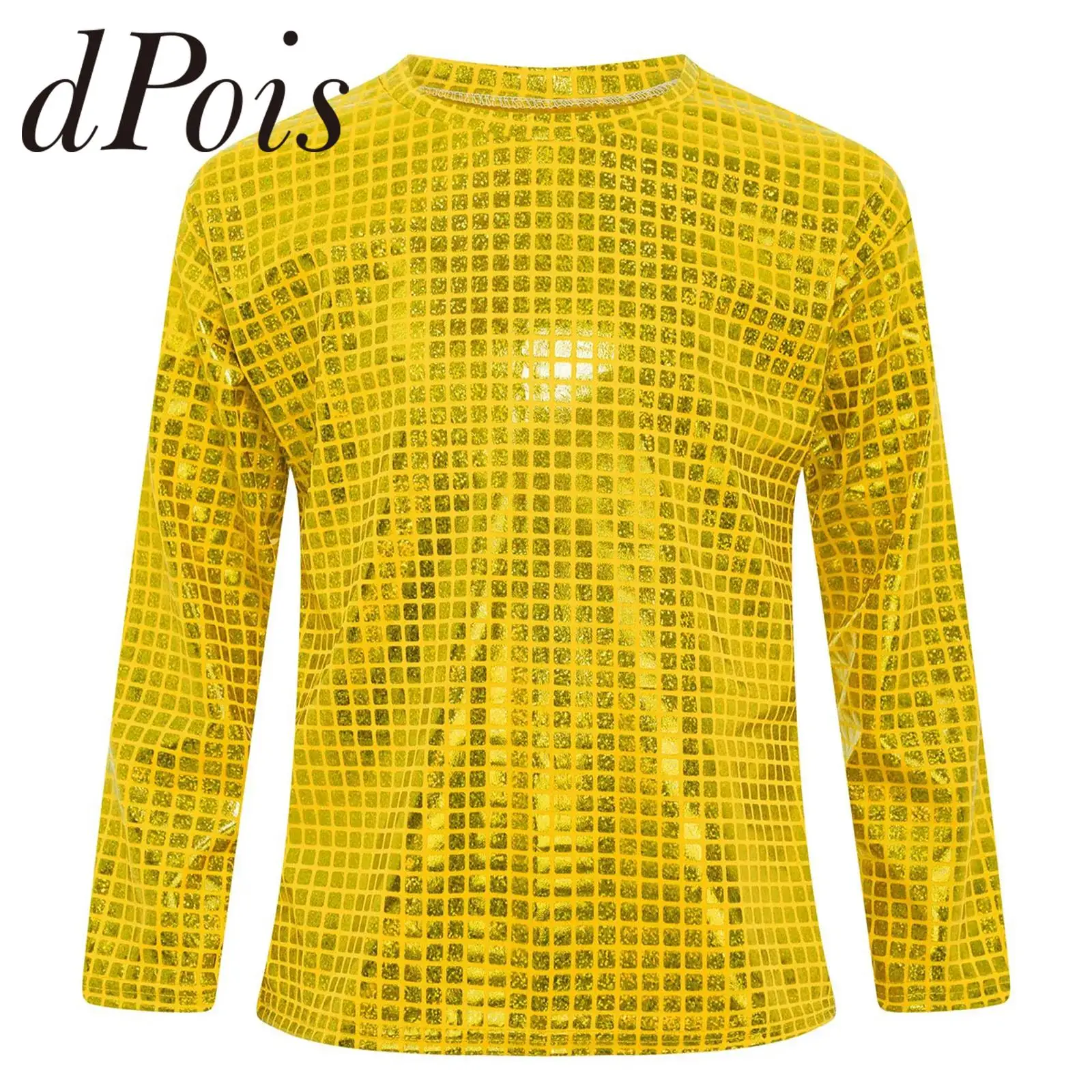 

Girls Long Sleeve Shiny T-shirt Tops Kids T-shirts for Boys Hip Hop Fashion Children Metallic Plaid Tshirts Jazz Dance Costume