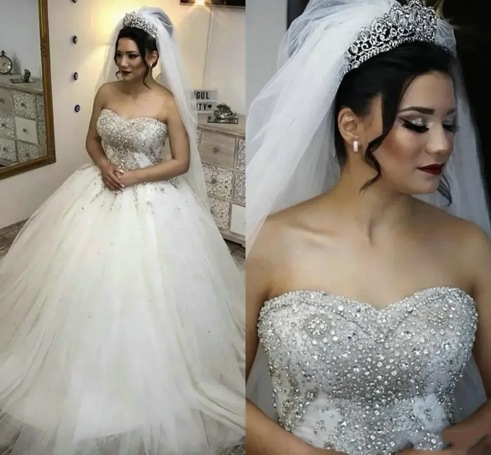 Customize Luxury Beaded Rhinestones Wedding Dress Ball Gown Sweetheart Crystals Tulle Plus Size Bridal Dresses Plus Size Af