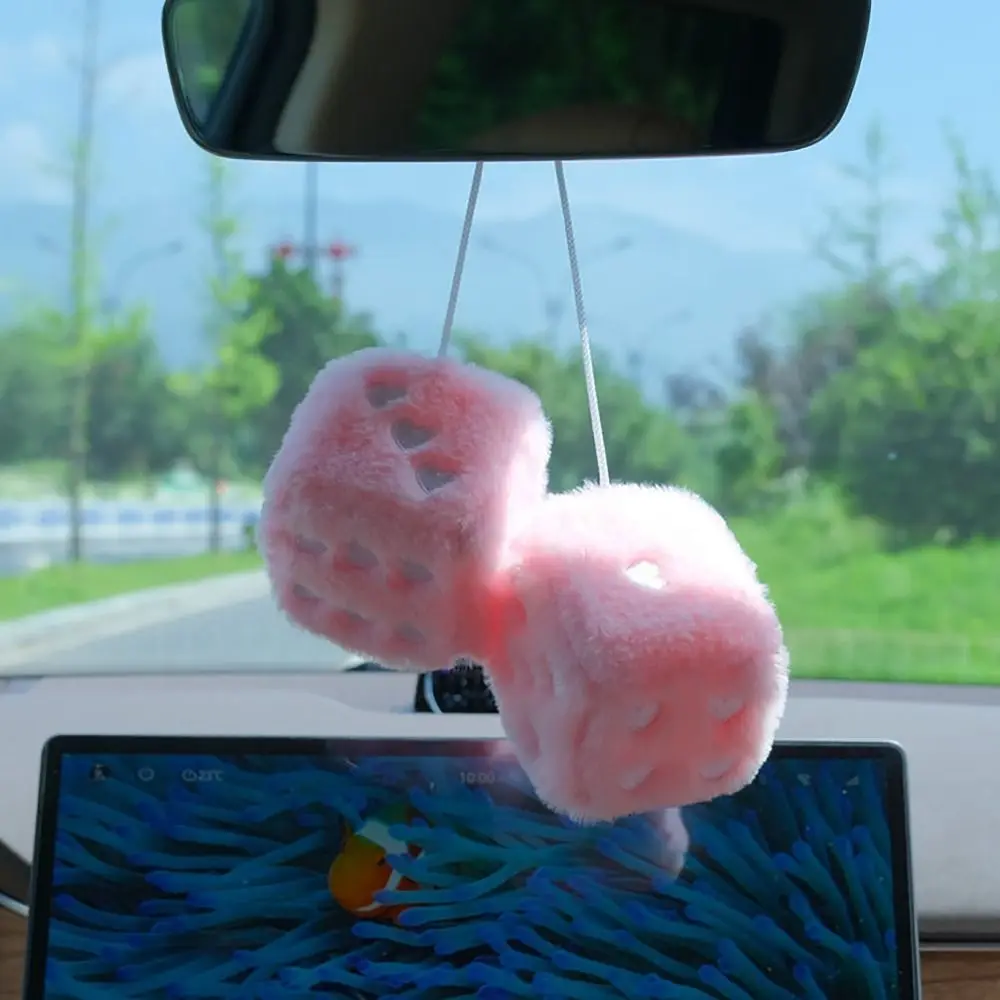 2PCS Square Pendant Fuzzy Plush Pendant Heart-shaped Embroidery Car Ornament Rearview Mirror Decor Car Pendant