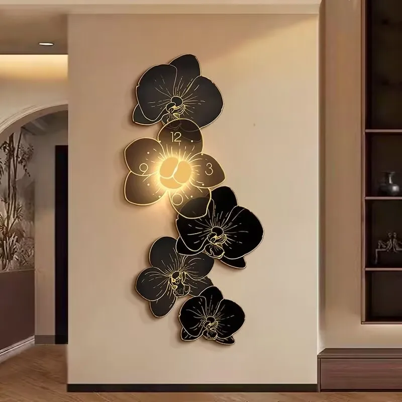 

Floral living room entrance decoration painting with lights clock 2024 new corridor corridor mural light luxury high-end hanging