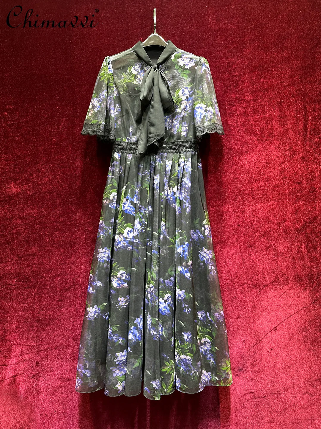 

French Socialite Floral High-end Slim Dress Fashionable Retro Lace-up High-waisted Elegant Dress Women's 2025 Summer New