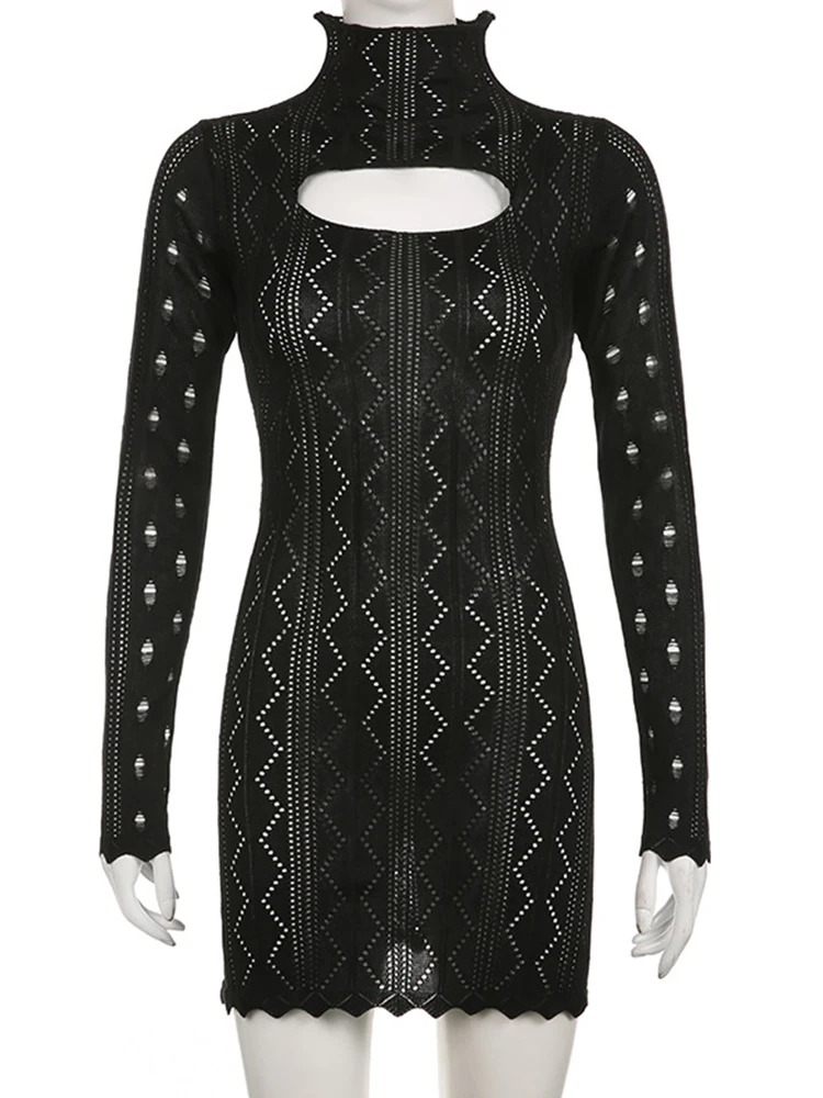 ByeMyLove Vestido de malha vestidos de malha para mulheres vestido de crochê rasgo manga comprida oco gola alta corte gola alta malhas finas