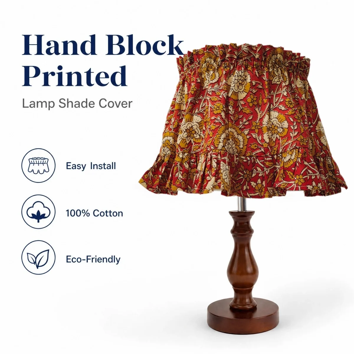 Indian Cotton Block Print Fabric Ruffle Sustainable Lampshade Cover Fabric Slip over Repalceable Lampshade Home Decor