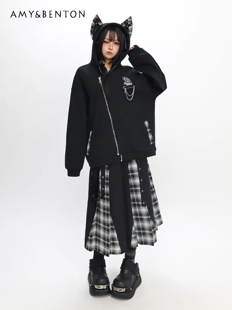 

Original Cat Ear Hooded Gothic Sweet Cool Black Jacket Subculture Harajuku Style Black Oversized Thickened Jacket Autumn Winter