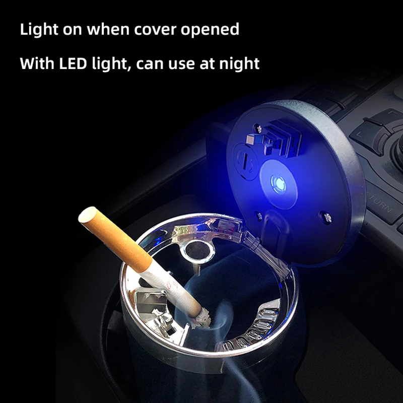 Car Ashtray with Lid Smell Proof Stainless Steel Blue Led Portable Ashtray Cup for Auto Fireproof Shell One Touch Open