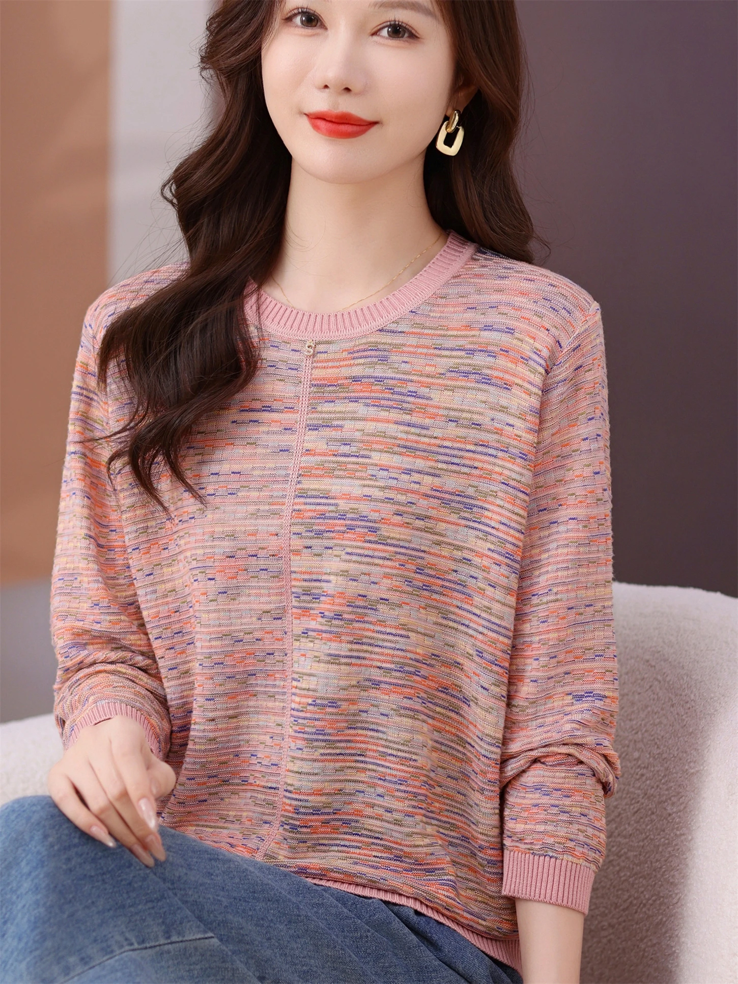 

Модный вязаный базовый слой, футболка для мамы, женская осенняя модная футболка среднего возраста, свободная посадка, повседневная одежда, круглая Ne ort Sve