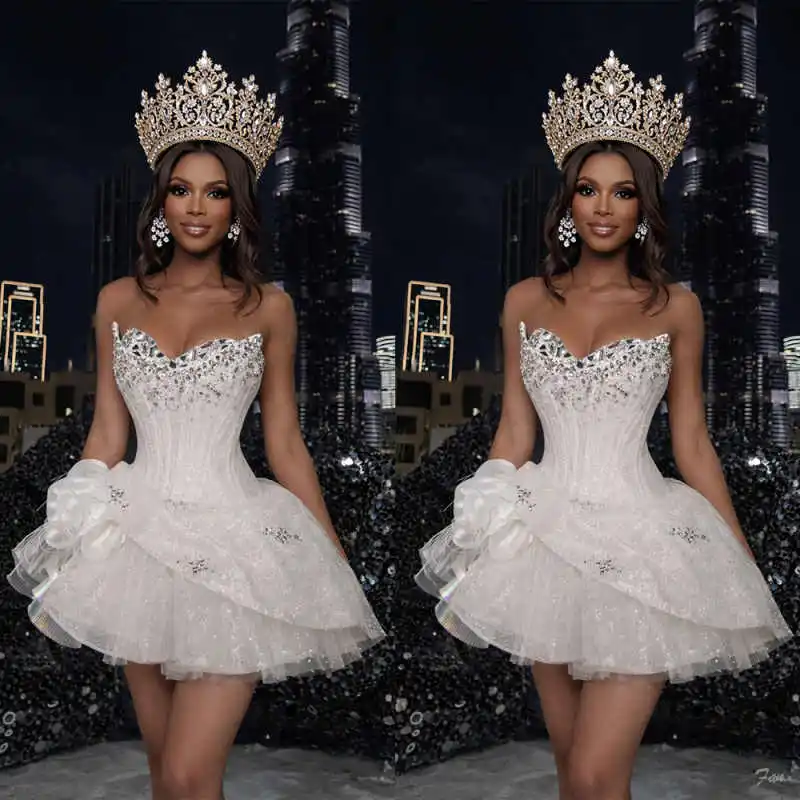 

Princess Crystals Mini Dress Strapless Sleeveless Formal Short Evening Party Customized Sequins Cocktail Gala