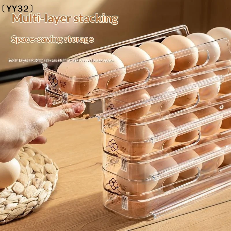 Transparent PET Auto Roll-Down Egg Holder, Fridge Space Saver Egg Storage Box, Automatic Rolling Egg Rack For Refrigerator〔YY32〕