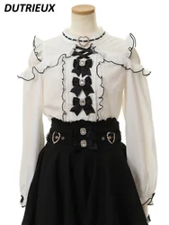 Chemisier en mousseline de soie à manches longues pour femmes, haut doux et mignon, nœud Kawaii Lolita, style japonais, automne