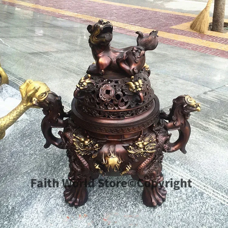 47CM large HOME House Shop hall lobby thriving business money Exorcise evil spirits talisman LION dragon bronze censer statue