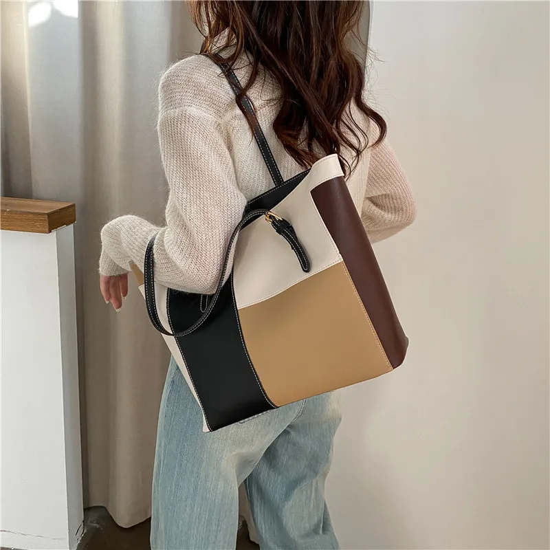 Borsa Tote con cuciture alla moda borsa Casual in pelle PU da donna di grande capacità