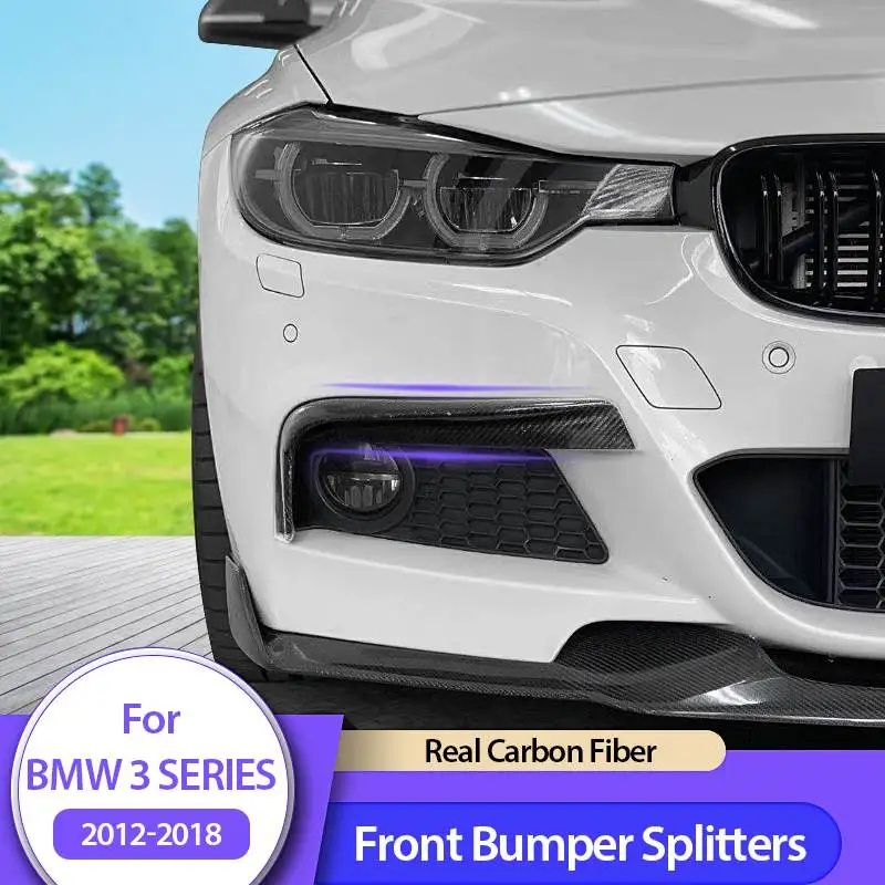 2PCS For BMW 3 Series 320/328/330/F30/F35 MAD 2012-2018 Real Carbon Fiber Front Bumper Splitters Lip flaps Spoiler Eyelids Trim