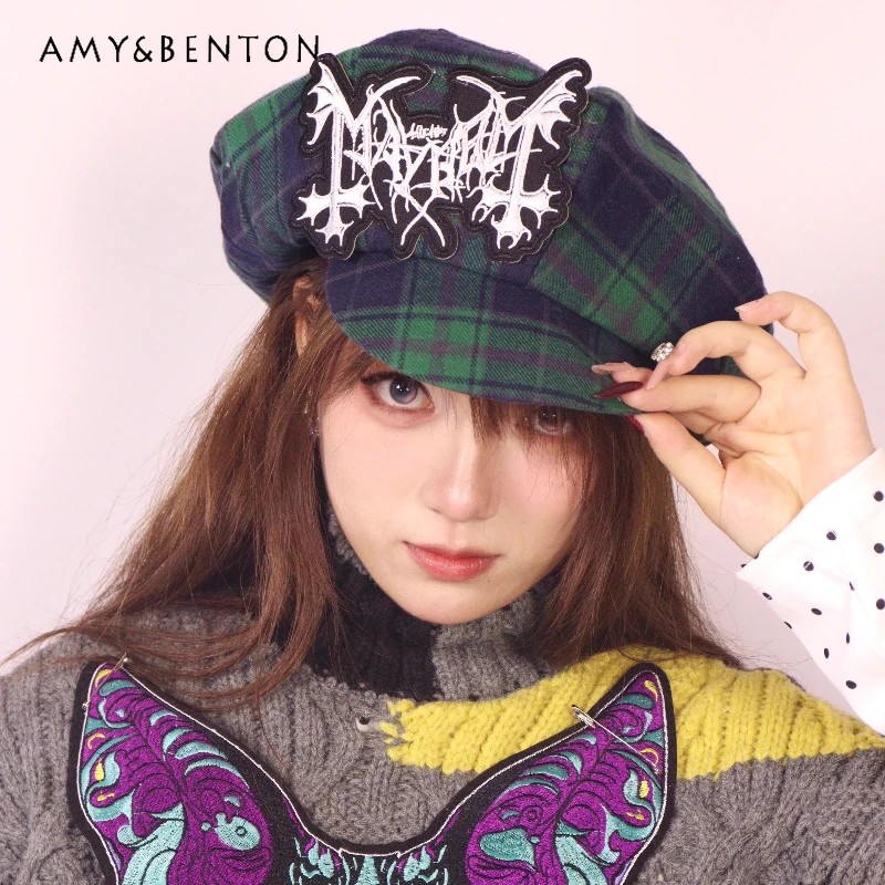 

Original Design Green Retro Plaid Berets 2025 Autumn Winter New Sweet Cool Fashion Personality Versatile Octagonal Hats Ladies