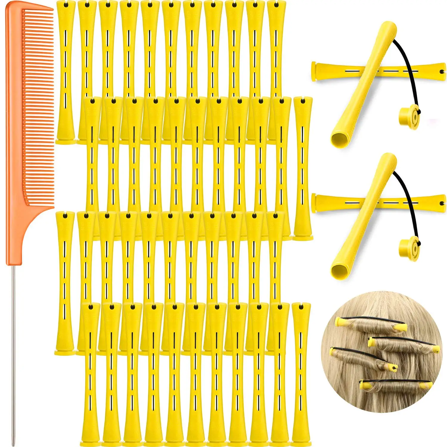 

48 Plastic Curlers with Steel Combs for Cold Wave Perming and Hair Styling, Yellow/Orange