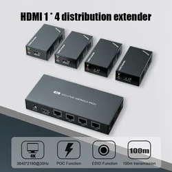1x4 HDMI Extender Splitter 1080p Over Cat5e/Cat6 Ethernet Cable with Loopout - Up to 50m/165ft - EDID Management 1920*1080@60Hz
