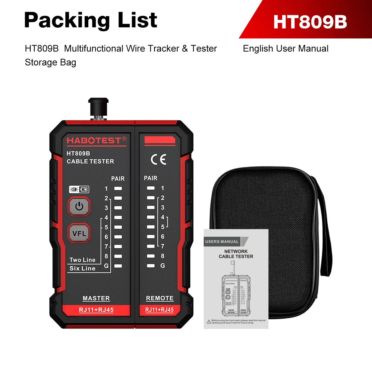 HABOTEST HT809 Multifunctionele Fiber- & Netwerkkabel Toner Kabel Mapping Kabel Tracing Visuele Foutzoeker (VFL) Crimping Test