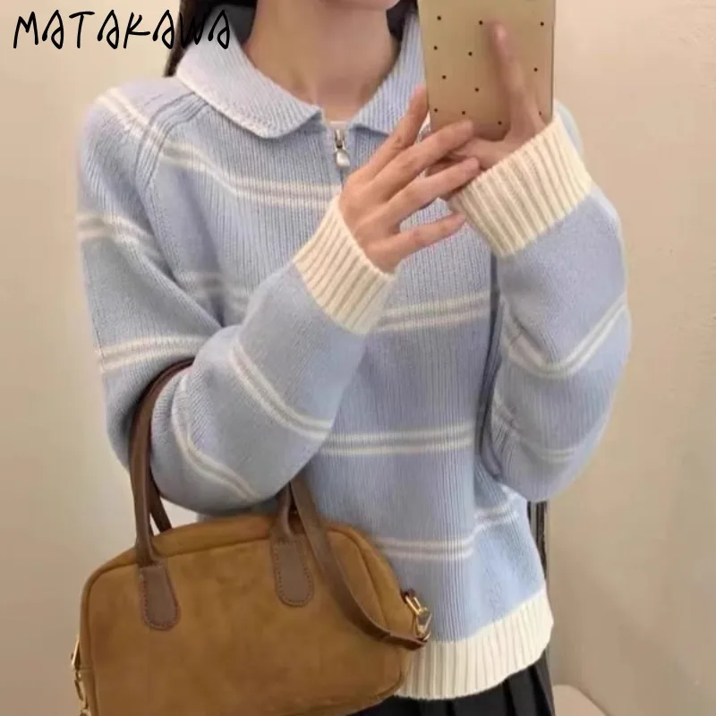 

Matakawa Woman Sweaters Zipper Stripes Autumn Winter Korean Fashion Chic Pullovers Vintage Warm Simple Elegant Pull Femme