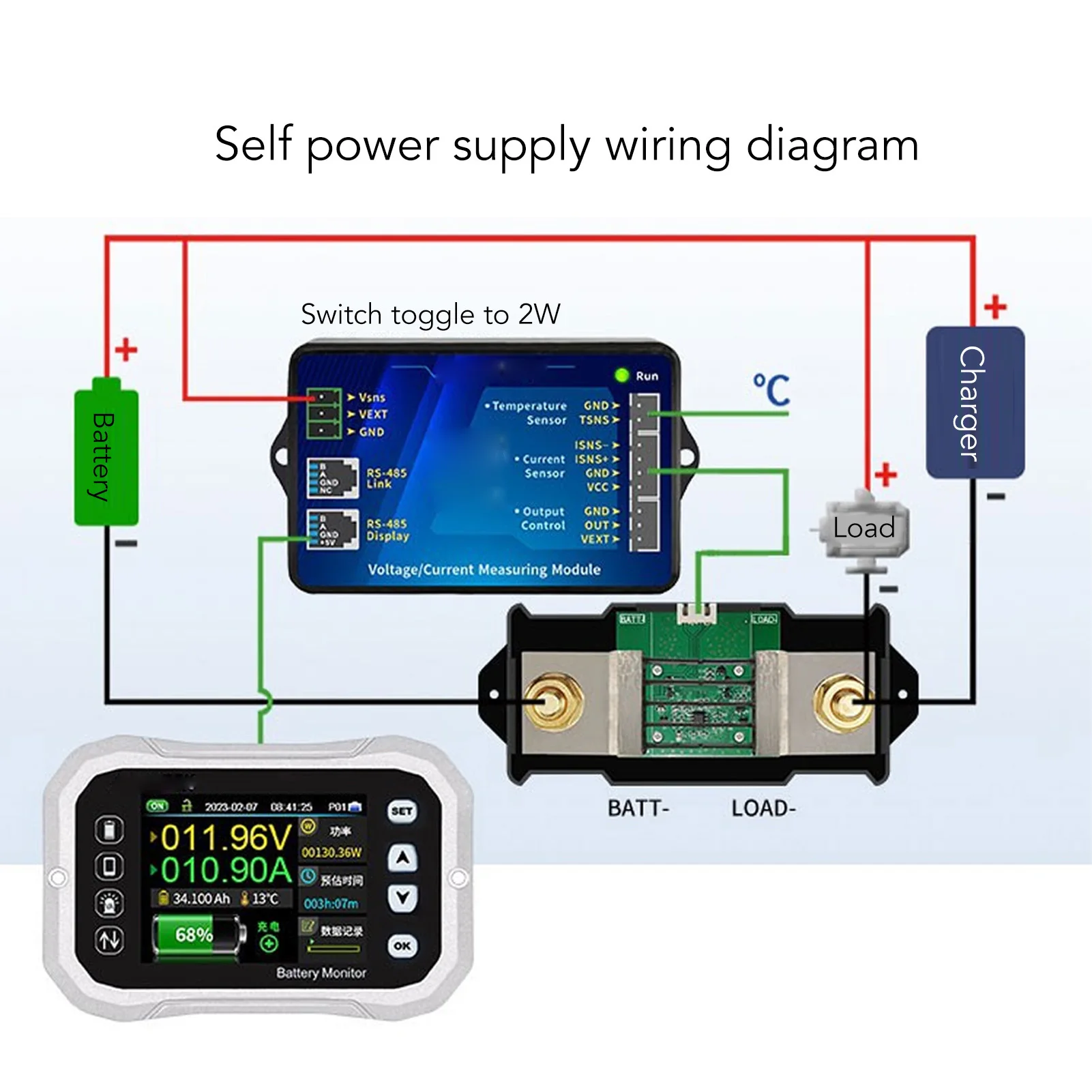 Smart Battery Monitor 600A RV Car Battery Tester 2.4in LED Display for Maintenance