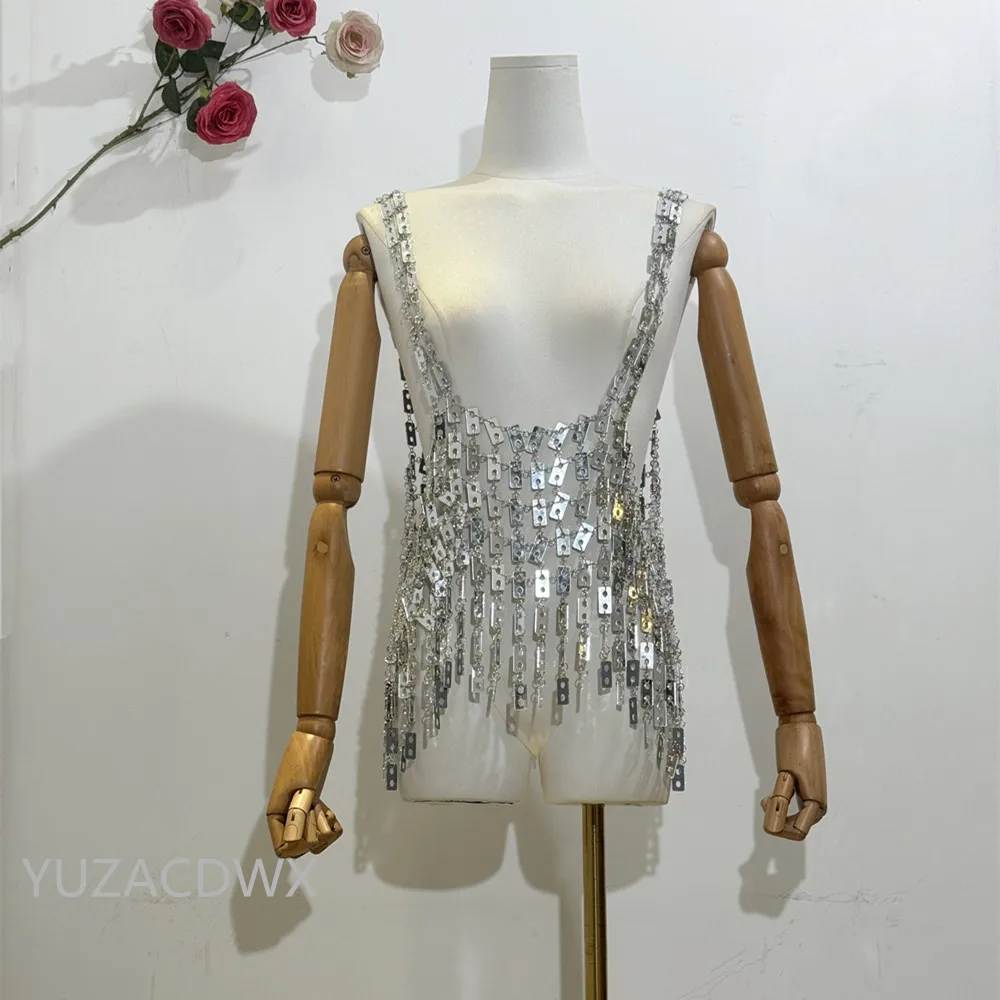 Women Handmade Hollow Out Metal Body Chain Sequin Bling Holiday Nightclub Party Tank top  Beachwear sexy tops