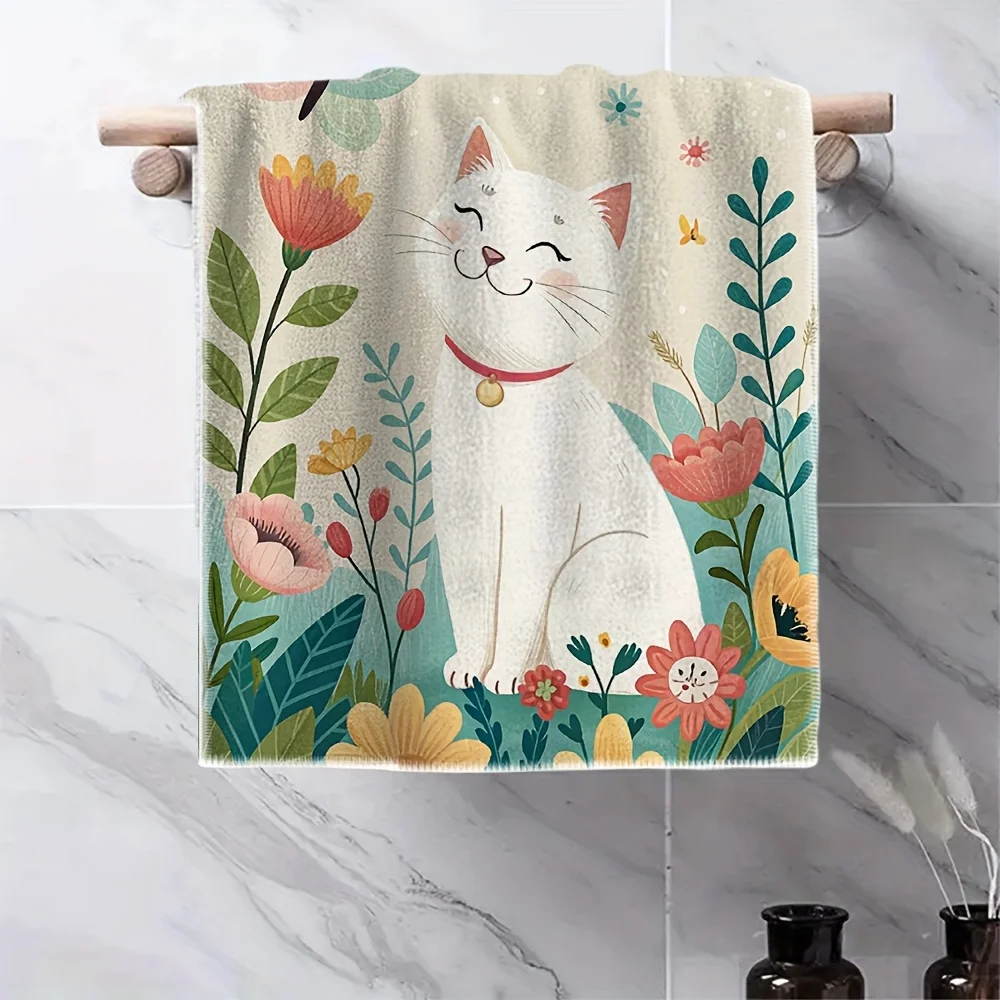 1pc White Cat Floral Printed Kitchen Towel, Soft Absorbent H