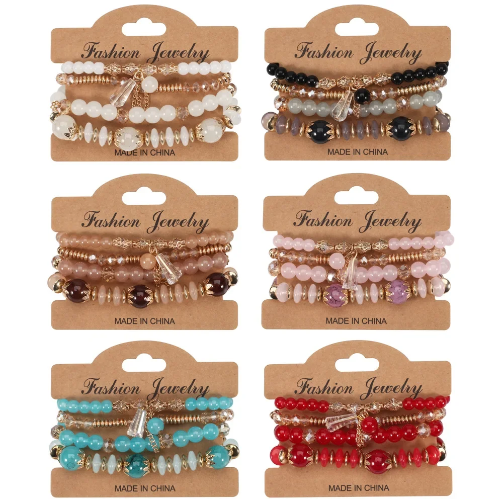 4Pcs Böhmischen Stapelbare Perlen Armbänder Set Für Frauen Mehrschichtige Glas Perlen Stretch Kette Charm Armband Männer Mode Schmuck