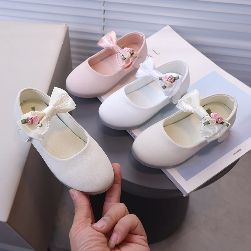 Chaussures en cuir PU pour enfants, chaussures de princesse pour filles, fleur simple, chaussures plates à nœud papillon, chaussures Mary Janes pour enfants, chaussures de baptême pour tout-petits