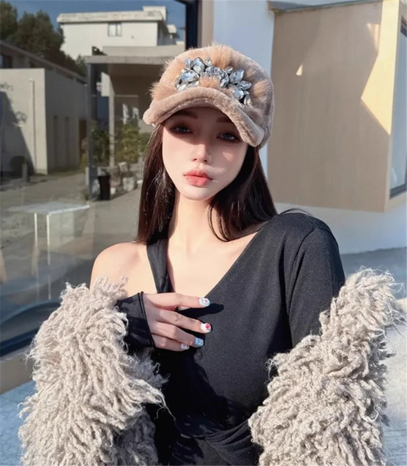 202411-shi ins chic winter original pluse warm lady baseball hat Fox  Real fur drill Metal camellia women leisure visors cap