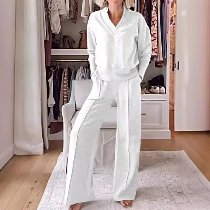 

Spring and Autumn Women's 2-piece V-neck Long Sleeve Top Solid Color Fashion Simple Basic Straight Wide Leg Pants Set