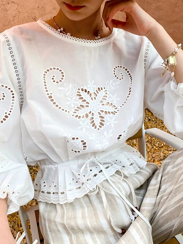 

Women's Hollow out Embroidered Skirt Set Summer Vaion Long Dr Casual Sportswear Sle Seven Sve round Ne Design