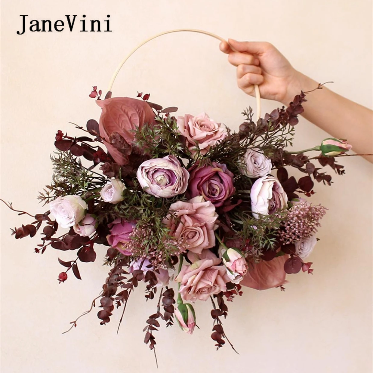 JaneVini Luxury Morandi Purple Bride Portable Garland Artificial Rose Flower Basket Round Bridal Hand Wreath Bouquet for Wedding