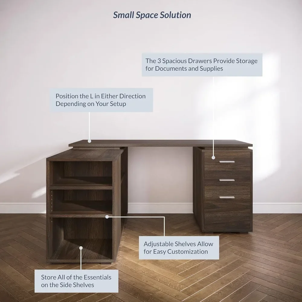 60” Computer Desk with Adjustable Storage Shelves and 3 Drawers, L Shaped Corner Workstation, Study Writing Desk